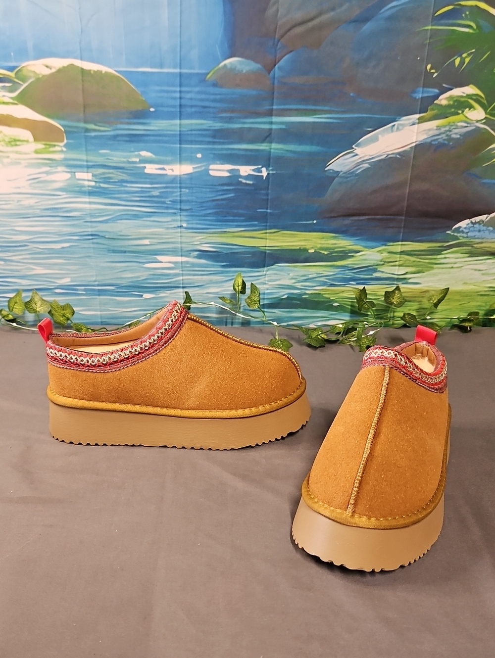 Women’s Tan Platform Mule Clogs with Red Trim
